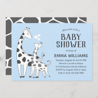Invitación Cuadros Blue Gray Animal Giraffe Boy Baby Shower