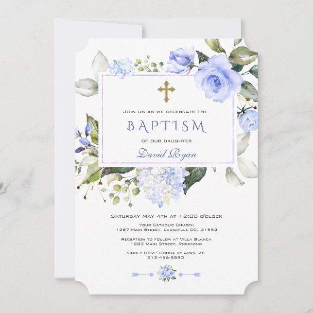 Invitación Cuadros de agua azul de marco floral cruz de niño  (Anverso)