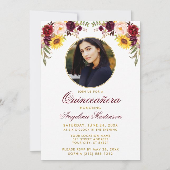 Invitación Cuadros De Agua Compartida Floral Quinceanera (Anverso)