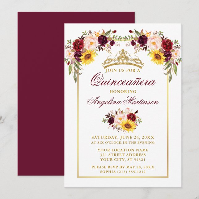 Invitación Cuadros De Agua Mezclados Florales Quinceanera (Anverso / Reverso)