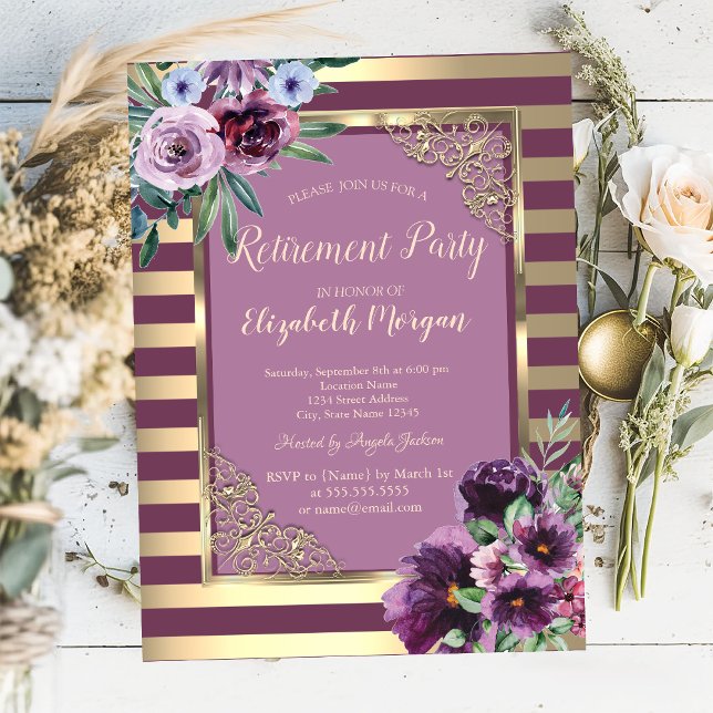 Invitación Cuadros de flores violetas de jubilación con rayas (Subido por el creador)