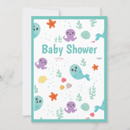 Invitación Cuadros de pescado Octopus Mint Green Purple Baby 