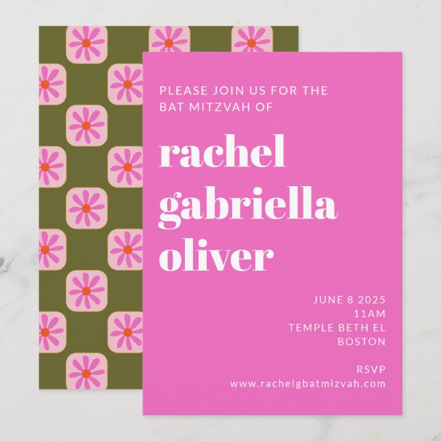 Invitación Cuadros De Tablero De Flor Bat Rosa Verde Mitzvah (Anverso / Reverso)