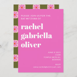 Invitación Cuadros De Tablero De Flor Bat Rosa Verde Mitzvah