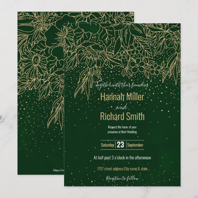 Invitación Cuadros dorados florales y confeti Diseño verde (Anverso / Reverso)