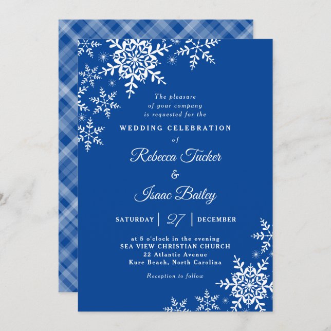 Invitación Cuadros Elegantes Copos de Nieve Azul Profundo Bod (Anverso / Reverso)