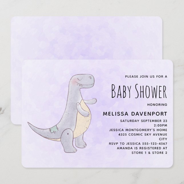Invitación Cuadros Gris Dinosaurios Toy Watercolor Baby Showe (Anverso / Reverso)