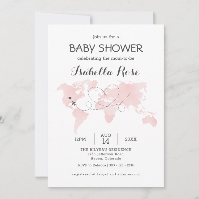 Invitación Cuadros Mapa Viajes Aventura Rubor Rosa Baby Showe (Anverso)