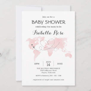 Invitación Cuadros Mapa Viajes Aventura Rubor Rosa Baby Showe