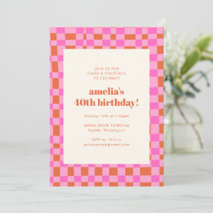 Invitación Cuadros Retro Rosa Naranja Negrita Cumpleaños 40