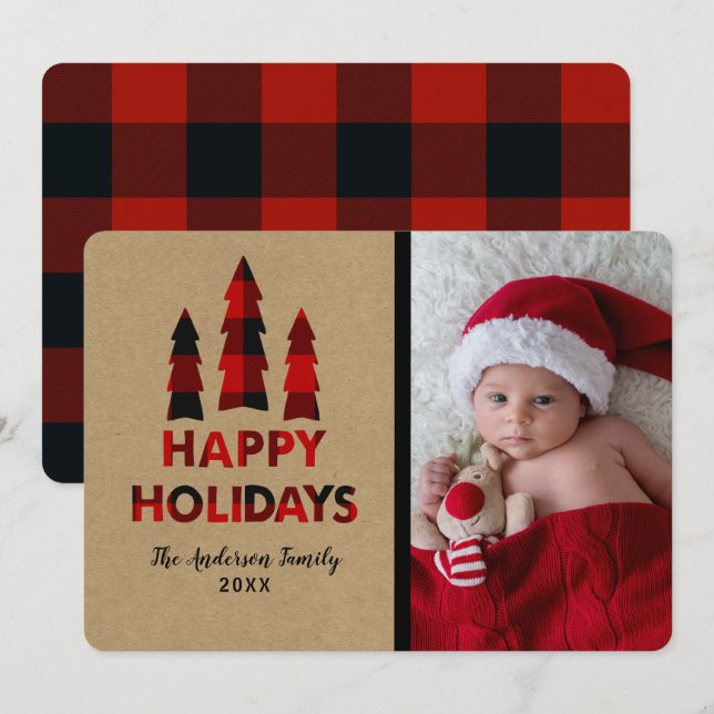 Invitación Cuadros Rojos Felices Fiestas Árboles de Navidad K (Anverso / Reverso)