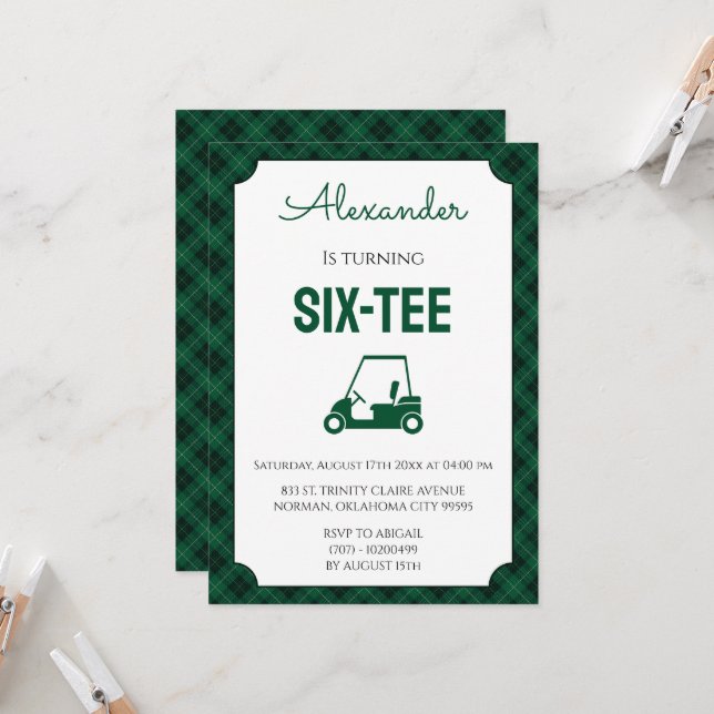 Invitación Cuadros Verdes y Negros Golf Cumpleaños 60 (Anverso/Reverso In Situ)