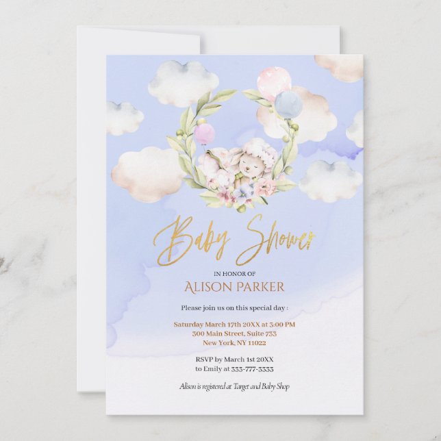 Invitación Cuadros Woodland Rabbit Floral Blue Sky Baby Showe (Anverso)