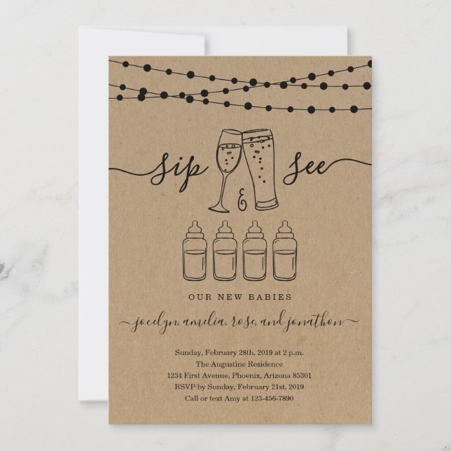 Invitación Cuadrupletas Sip & See Bubbles & Brets (Anverso)