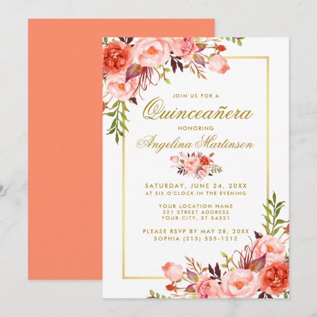 Invitación Cual acuarela Coral Floral Quinceanera (Anverso / Reverso)