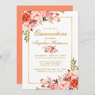 Invitación Cual acuarela Coral Floral Quinceanera