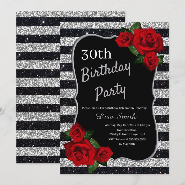 Invitación Cualquie rosa rojo de la plata del cumpleaños de (Anverso / Reverso)