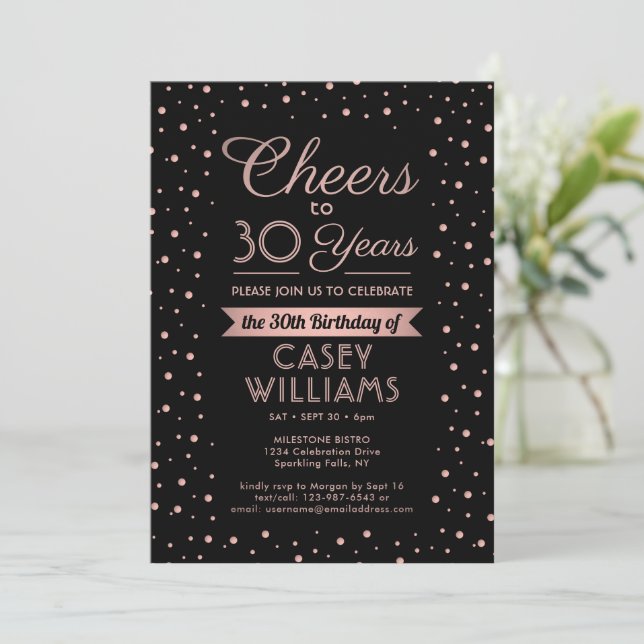 Invitación CUALQUIER Alegre Elegante Confeti Negro Y Rosa (Anverso de pie)