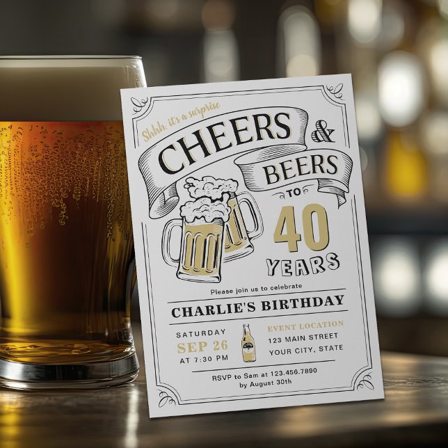 Invitación Cualquier Alegre Y Cerveza Sorprende Cumpleaños (Any Age Cheers And Beers Surprise Birthday Invitation)