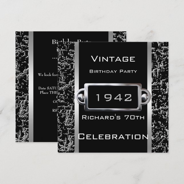Invitación Cualquier anciano 70 años Metalizado negro Fiesta  (Anverso / Reverso)