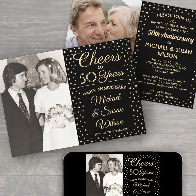 Invitación CUALQUIER Aniversario 2 Foto Saludo Fiesta Negro y (Subido por el creador)