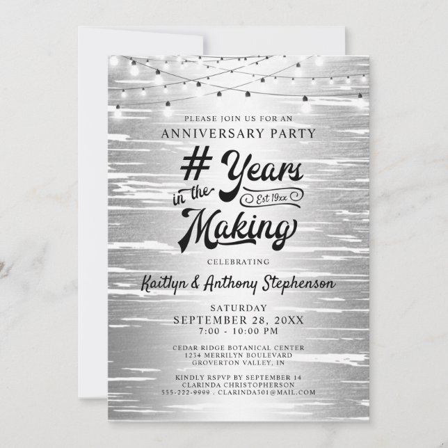 Invitación Cualquier aniversario Silver Black String Luces (Anverso)