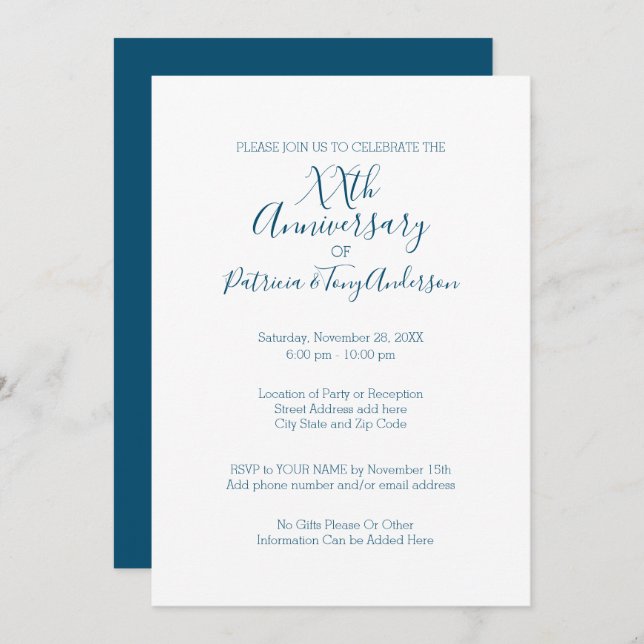 Invitación CUALQUIER AÑO - Aniversario de bodas Minimal Azul  (Anverso / Reverso)