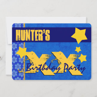 Invitación Cualquier año cumpleaños moderno para él azul y or