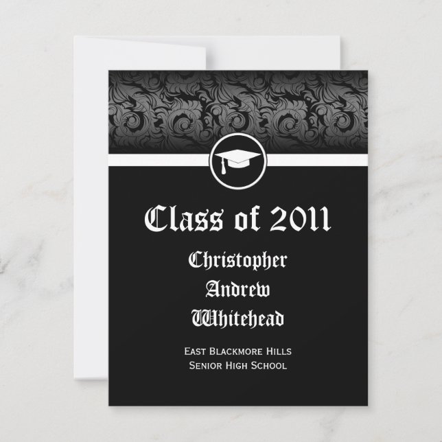 Invitación Cualquier año~ Graduación de Damasco blanco y negr (Anverso)