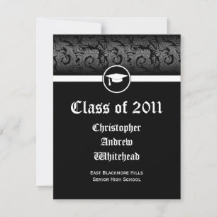 Invitación Cualquier año~ Graduación de Damasco blanco y negr