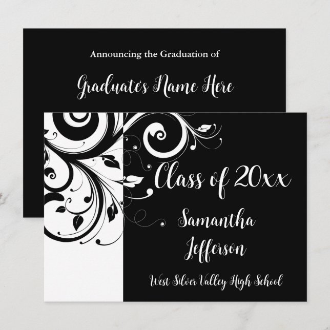 Invitación Cualquier año ~ Graduación De Swirl Blanco/Negro D (Anverso / Reverso)