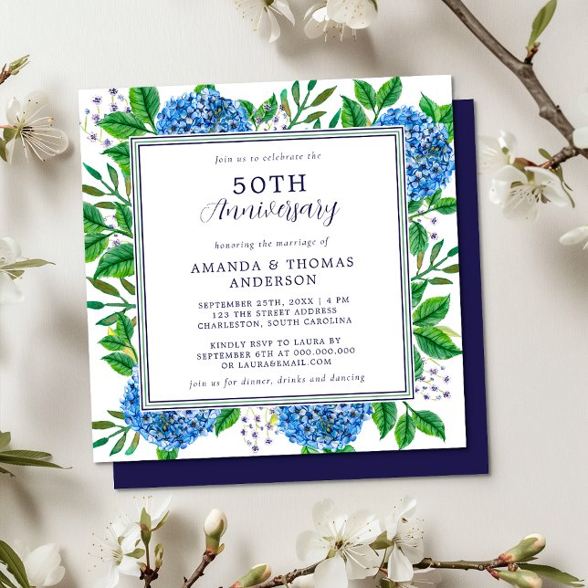 Invitación Cualquier año Hidrangea Azul 50 aniversario Boda (Front / Back)