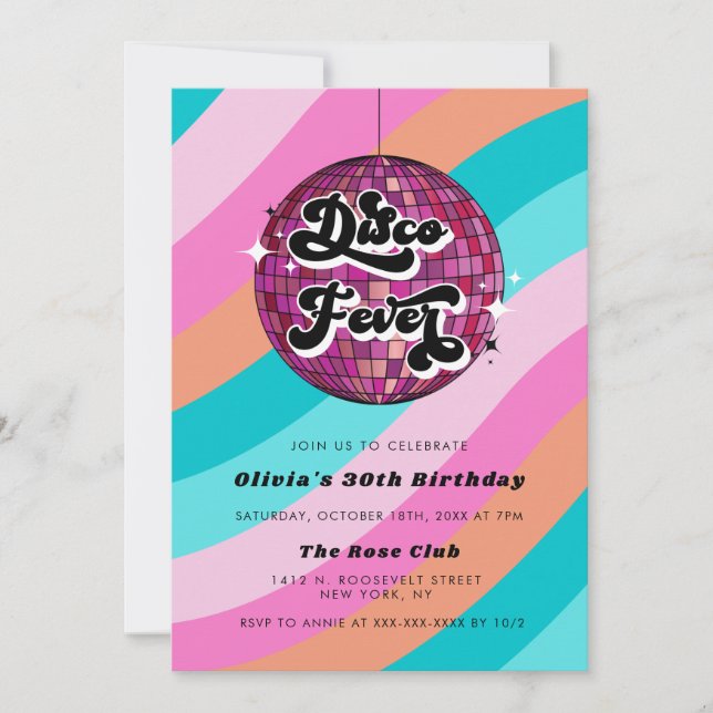 Invitación Cualquier año retro disco bola rosa cumpleaños (Anverso)