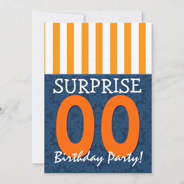 Invitación CUALQUIER AÑO Sorpresa Cumpleaños Naranja Azul Pla (Anverso)