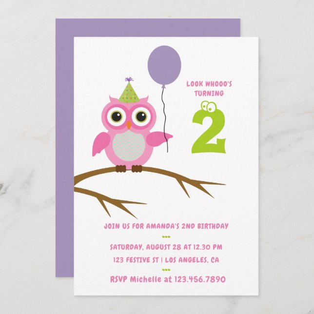 Invitación Cualquier bebé de búho o Chica pequeño de la edad (Anverso / Reverso)