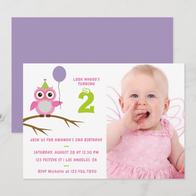Invitación Cualquier bebé de búho o Chica pequeño de la edad (Anverso / Reverso)
