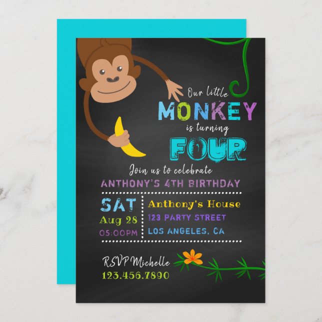 Invitación Cualquier Chalkboard de Edad Pequeño Mono Niño Cum (Anverso / Reverso)