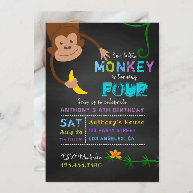Invitación Cualquier Chalkboard de Edad Pequeño Mono Niño Cum (Anverso / Reverso)