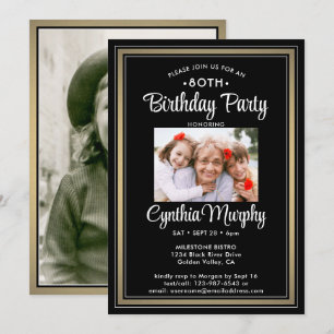 Invitación Cualquier cumpleaños 2 Foto Negra, Blanca y Dorada