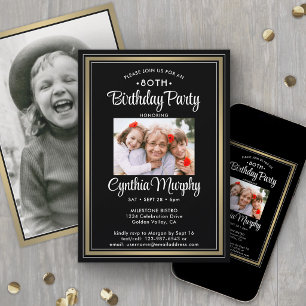 Invitación Cualquier cumpleaños 2 Foto Negra, Blanca y Dorada