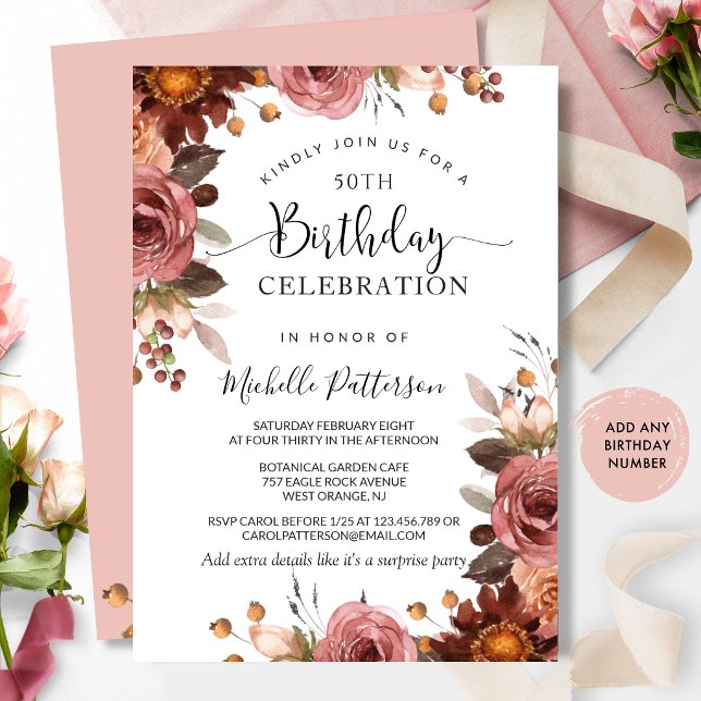 Invitación Cualquier Cumpleaños, Boda Floral Rosa y Borgoña (Subido por el creador)