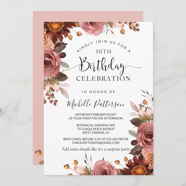 Invitación Cualquier Cumpleaños, Boda Floral Rosada y Borgoña (Anverso / Reverso)