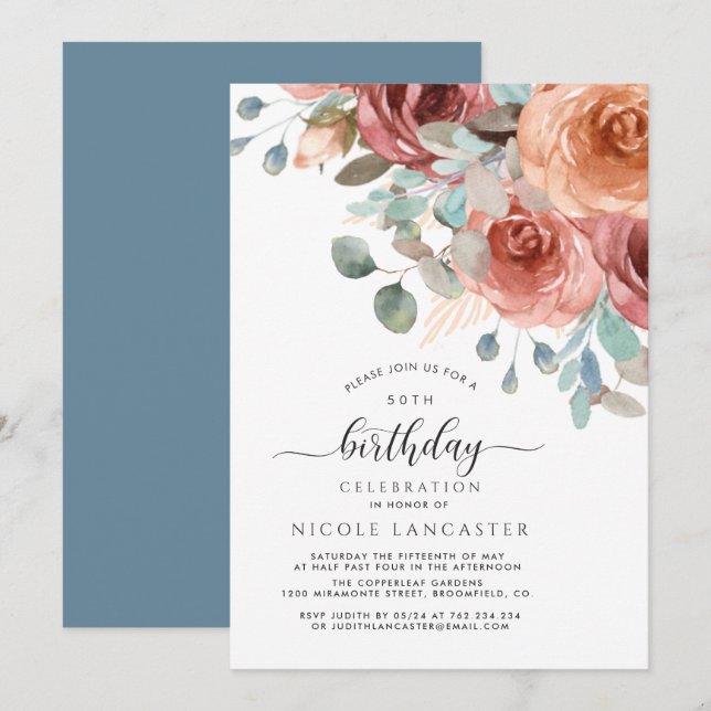 Invitación Cualquier cumpleaños, elegante, azul turbio y flor (Anverso / Reverso)