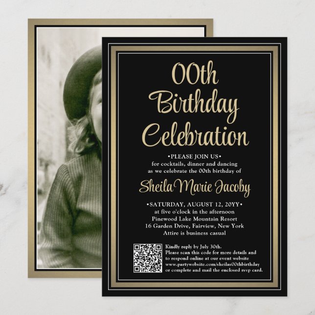 Invitación Cualquier Cumpleaños • Foto y Código QR Fiesta Neg (Anverso / Reverso)