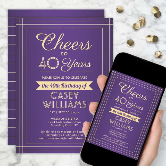 Invitación CUALQUIER cumpleaños hurga el morado y el oro clás (Subido por el creador)