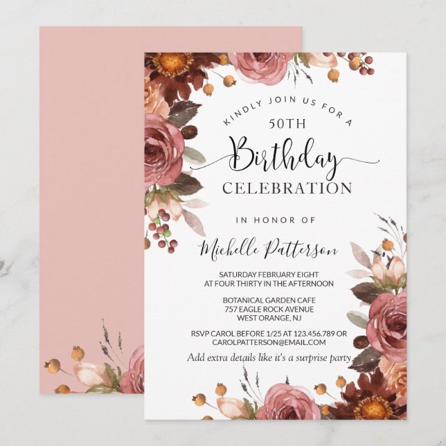 Invitación Cualquier cumpleaños, Rubor y Boda floral de Borgo (Anverso / Reverso)