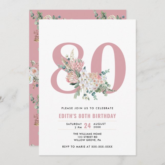 Invitación Cualquier edad acuarela Floral Rosa 80 cumpleaños (Anverso / Reverso)