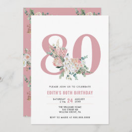 Invitación Cualquier edad acuarela Floral Rosa 80 cumpleaños