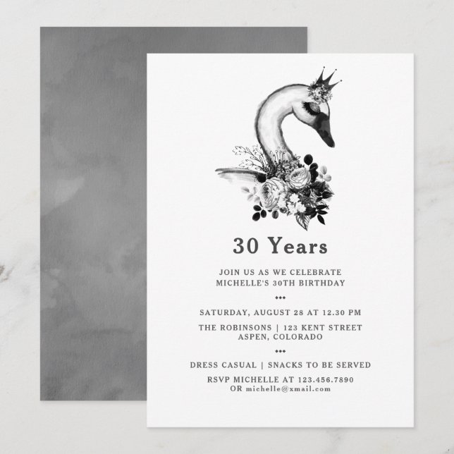 Invitación Cualquier edad acuarela Swan Floral Birday Party (Anverso / Reverso)