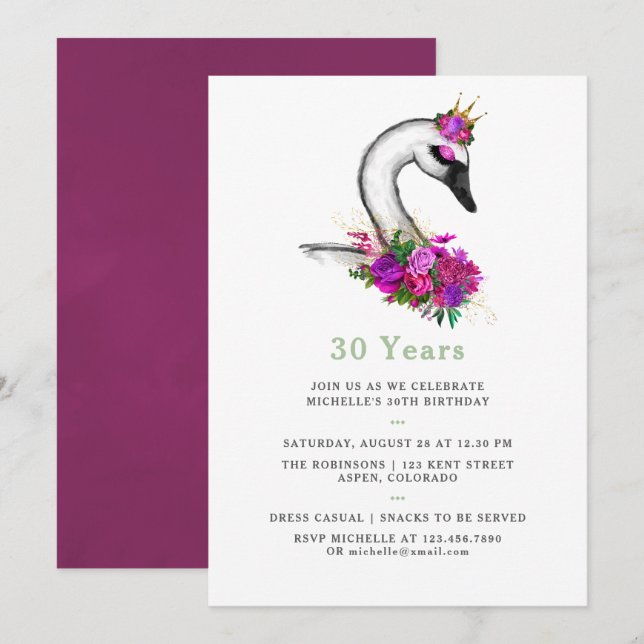 Invitación Cualquier edad acuarela Swan Floral Birday Party (Anverso / Reverso)